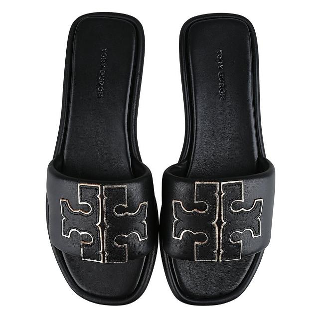 【TORY BURCH】TORY BURCH雙T LOGO皮革拖鞋(黑)