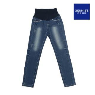 【Gennies 奇妮】率性刷色窄管牛仔褲-藍(孕婦裝 孕婦褲 長褲 後雙口袋 一體成型 無痕褲頭)
