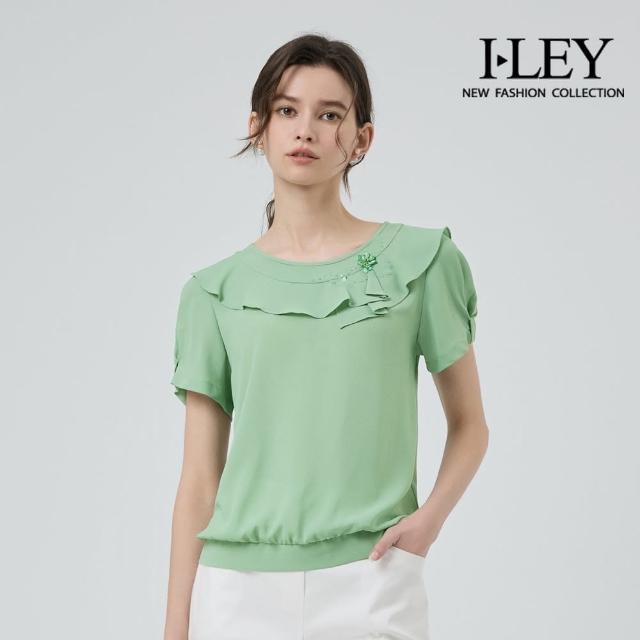 【ILEY 伊蕾】清新荷葉邊短袖上衣(淺綠；M-XL；1252211105)