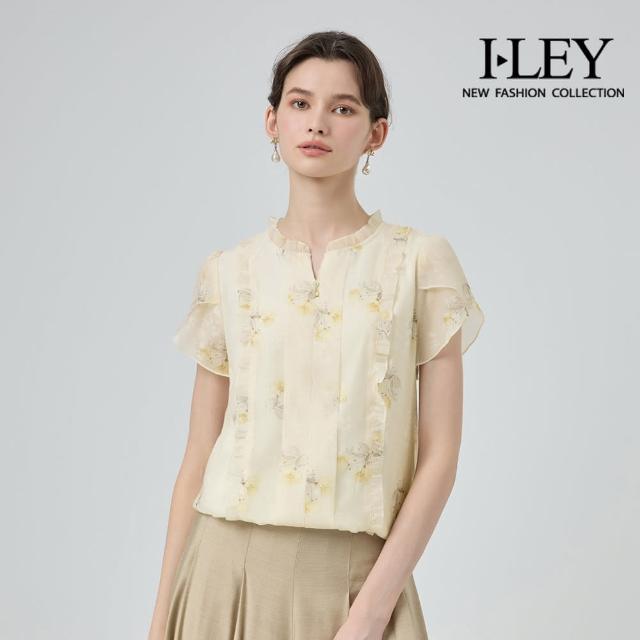 【ILEY 伊蕾】古典玫瑰印花雪紡上衣(杏；M-XL；1252011422)