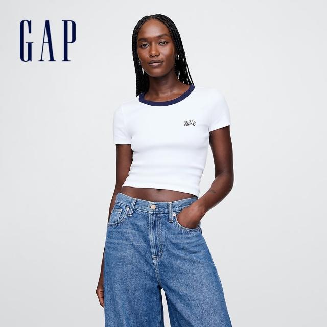 【GAP】女裝 Logo刺繡圓領短袖T恤-白色(727444)