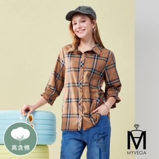 【MYVEGA 麥雪爾】MA高含棉復古格紋七分袖襯衫-卡其
