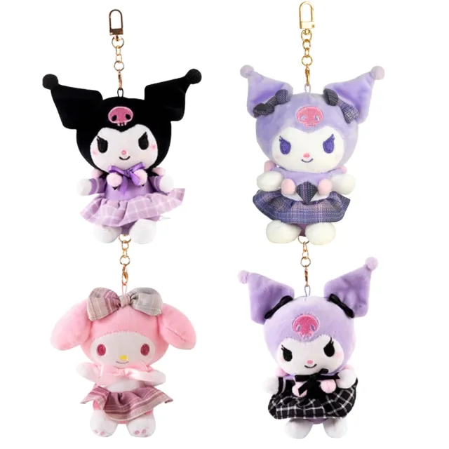 【SANRIO 三麗鷗】日本女高中生制服格子裙酷洛米美樂蒂玩偶包包吊飾鑰匙圈娃娃(生日禮物送