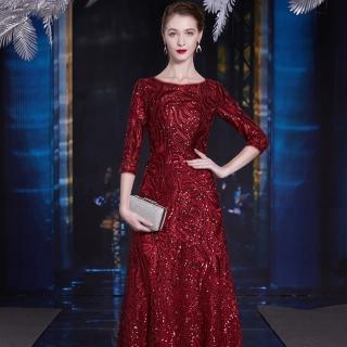 【女神婚紗禮服】優雅滿版雕花船領七分袖媽媽宴會修身長裙禮服GL6065短款酒紅色(優雅媽媽宴客長裙 拉鍊款)