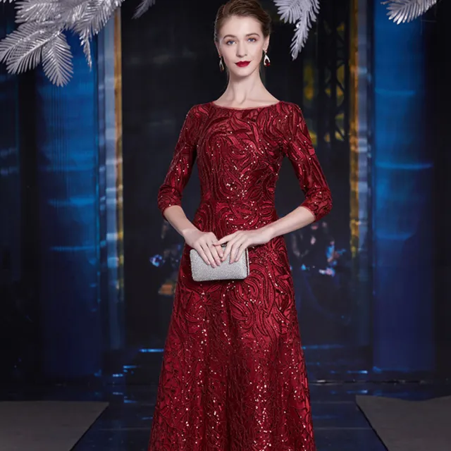 【女神婚紗禮服】優雅滿版雕花船領七分袖媽媽宴會修身長裙禮服GL6065短款酒紅色(優雅媽媽宴客長裙 拉鍊款)