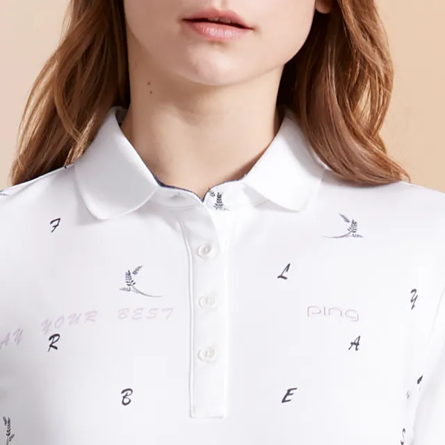 【PING】女款麥穗印花吸濕排汗薄長袖POLO衫-白(GOLF/高爾夫球衫/RA23207-87)