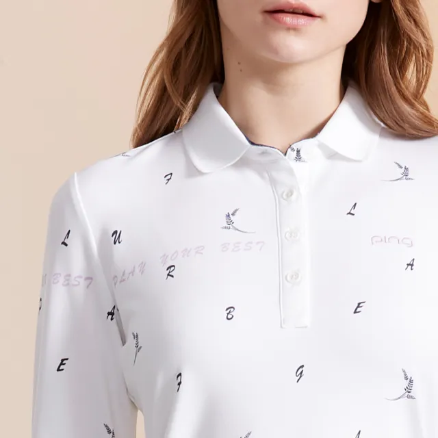 【PING】女款麥穗印花吸濕排汗薄長袖POLO衫-白(GOLF/高爾夫球衫/RA23207-87)