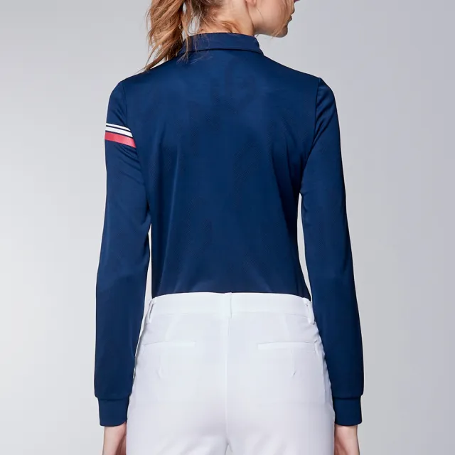 【PING】女款LOGO緹花吸濕排汗薄長袖POLO衫-深藍(GOLF/高爾夫球衫/RA23202-58)