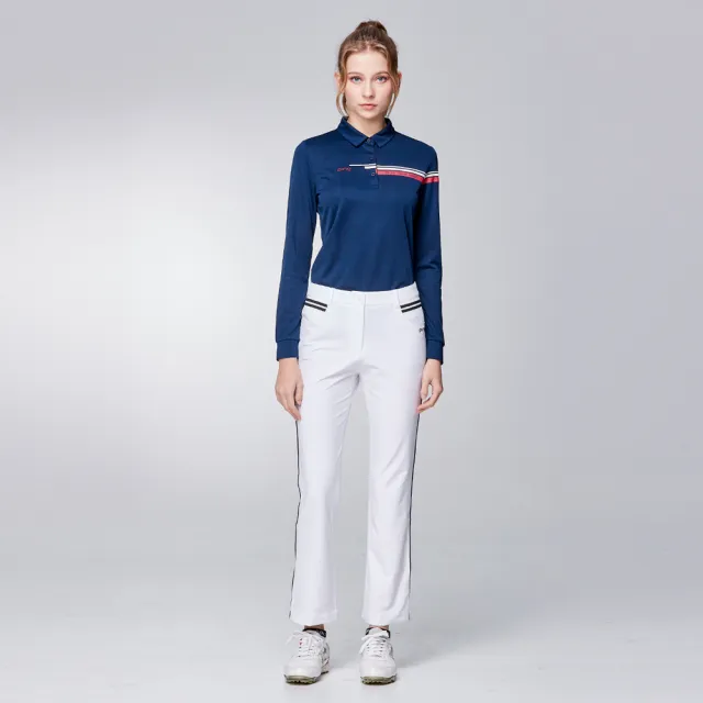 【PING】女款LOGO緹花吸濕排汗薄長袖POLO衫-深藍(GOLF/高爾夫球衫/RA23202-58)