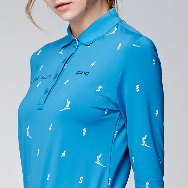 【PING】女款麥穗印花吸濕排汗薄長袖POLO衫-藍綠(GOLF/高爾夫球衫/RA23207-56)