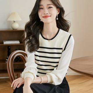 【綻放】寬鬆拼接假兩件長袖條紋圓領針織襯衫女上衣-米白色-30219(F可選)