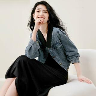 【綻放】開岔吊帶細肩帶中長裙連衣裙洋裝長洋裝+短版撞色翻領長袖藍色牛仔外套套裝-黑色-30251(M-2XL可選)