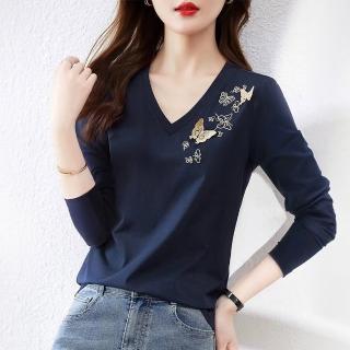 【綻放】立體蝴蝶刺繡印花V領修身長袖女T恤上衣女上衣-藏青色-30286(M-2XL可選)