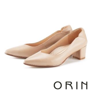 【ORIN】素面羊皮尖頭粗中跟鞋(裸色)