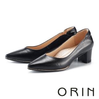 【ORIN】素面羊皮尖頭粗中跟鞋(黑色)