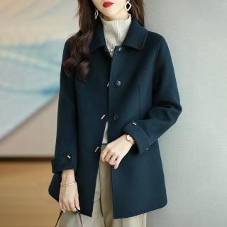 【綻放】簡約純色翻領單排扣修身顯瘦中長款休閒毛呢大衣外套-共2色-31085(M-2XL可選)