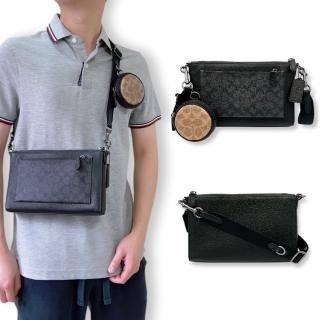 【COACH】男生 側揹包 黑灰經典緹花LOGO PVC防刮牛皮 男款 二合一 附可拆式零錢包 斜揹包(CW372)
