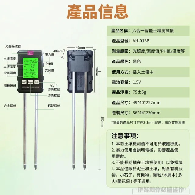 【IDREES 伊德萊斯】六合一數位顯示土壤分析檢測儀 土壤濕度計(肥力度/PH/光照度/濕度/溫度/空氣)