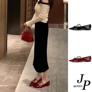 【JP Queen New York】高雅T字蝴蝶結真牛皮尖頭扣帶平底鞋(2色可選)