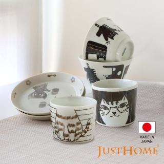 【Just Home】日本製手繪貓陶瓷6件碗盤組-黑貓乾杯(可微波 飯碗 碗 碗盤 點心碗 水杯 點心盤)