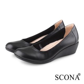 【SCONA 蘇格南】全真皮 簡約舒適楔型鞋(黑色 31199-1)