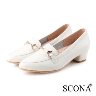 【SCONA 蘇格南】全真皮 馬銜釦樂福粗跟鞋(米白色 31153-2)