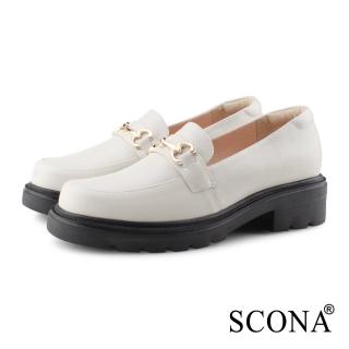 【SCONA 蘇格南】全真皮 復古馬銜釦厚底樂福鞋(米白色 31139-2)