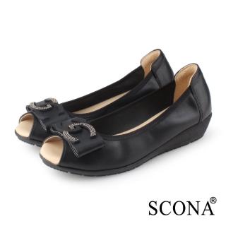 【SCONA 蘇格南】全真皮 簡約優雅楔型魚口鞋(黑色 31214-1)