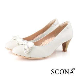 【SCONA 蘇格南】真皮 精緻典雅燙鑽高跟鞋(米白色 31206-2)