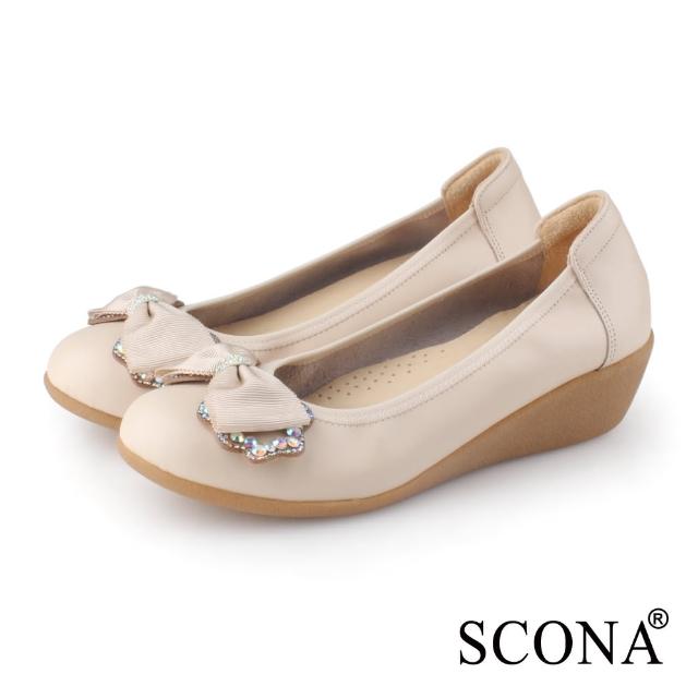【SCONA 蘇格南】全真皮 華麗鑽飾楔型娃娃鞋(杏色 31215-2)