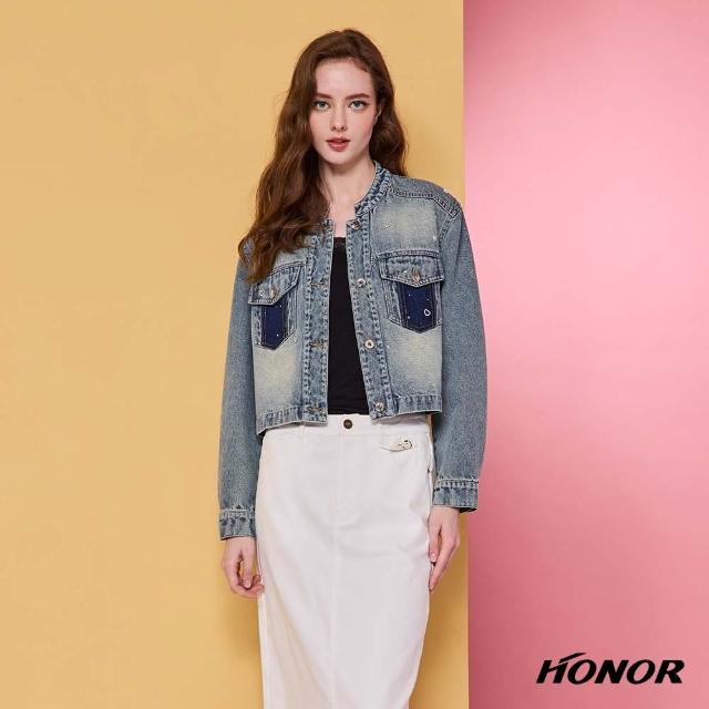 【HONOR 山形屋】時尚水鑽拼接刷色短版牛仔外套-藍