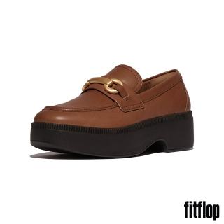【FitFlop】F-LUMA 馬銜釦皮革方頭厚底樂福跟鞋-女(深棕褐色)
