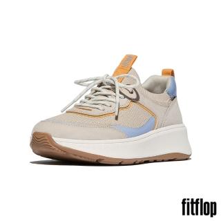 【FitFlop】F-MODE 麂皮/針織厚底繫帶休閒鞋-女(米色/水洗天空藍色)