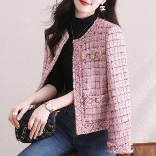 【米蘭精品】現貨+預購 毛呢外套短款大衣(小香風格紋毛邊圓領女外套74dr13)