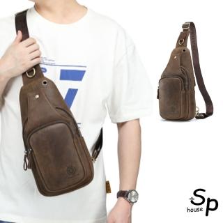 【Sp house】復古擦色全真牛皮單肩斜背男用包(3色可選)
