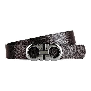 【Salvatore Ferragamo】SALVATORE FERRAGAMO GANCINI金屬LOGO荔枝紋小牛皮雙面設計釦式皮帶(寬版/黑x褐)