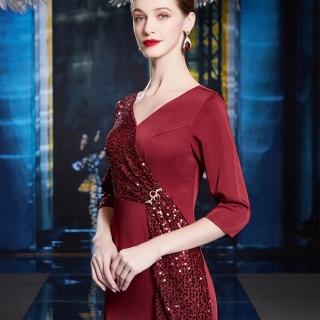 【女神婚紗禮服】閃耀亮片拼接高腰七分袖V領媽媽宴會長裙禮服GL3609酒紅色(熟齡媽媽宴客長裙 拉鍊款)