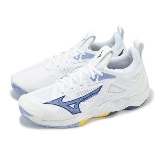 【MIZUNO 美津濃】排球鞋 Wave Momentum 3 男鞋 白 藍 緩衝 支撐 室內運動 羽排鞋 美津濃(V1GA2312-97)