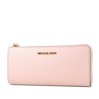 【Michael Kors】專櫃款 防刮十字紋L型拉鍊長夾-櫻花粉