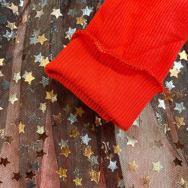 【橘魔法】紅色亮片拼接滿印星星紗裙長袖洋裝(連身裙 澎裙 大紅 過年 新年 兒童 紗裙 女童)
