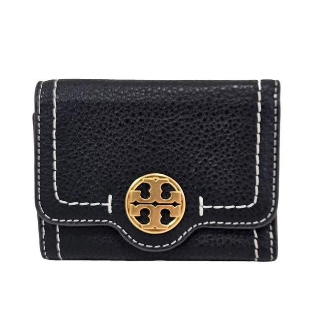 【TORY BURCH】雙T-LOGO車縫線皮革短夾(黑色/贈原廠紙袋)