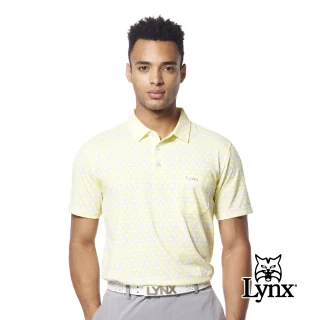 【Lynx Golf】男款吸溼排汗機能滿版配色線條印花Lynx繡花胸袋款短袖POLO衫/高爾夫球衫(淺黃色)