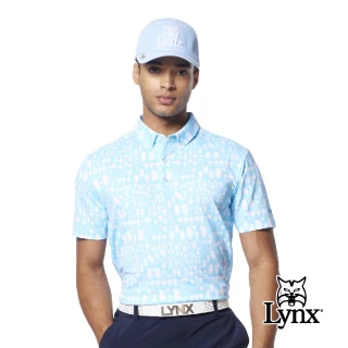 【Lynx Golf】男款吸濕排汗機能滿版高爾夫GOLF左臂繡花領尖扣造型短袖POLO衫/高爾夫球衫(水藍色)