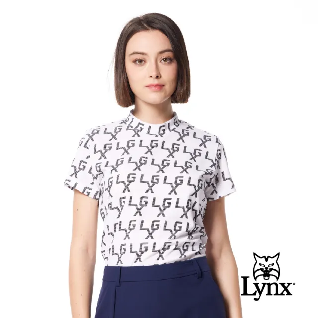 【Lynx Golf】女款竹節紗材質LXG字樣素雅風格印花Lynx跳色繡花短袖圓領POLO衫/高爾夫球衫(白色)