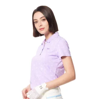 【Lynx Golf】女款吸溼排汗機能羅紋領造型滿版高爾夫印花短袖POLO衫/高爾夫球衫(淺紫色)