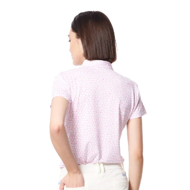 【Lynx Golf】女款吸溼排汗機能滿版花磚排列印花造型Lynx繡花短袖POLO衫/高爾夫球衫(桃粉色)
