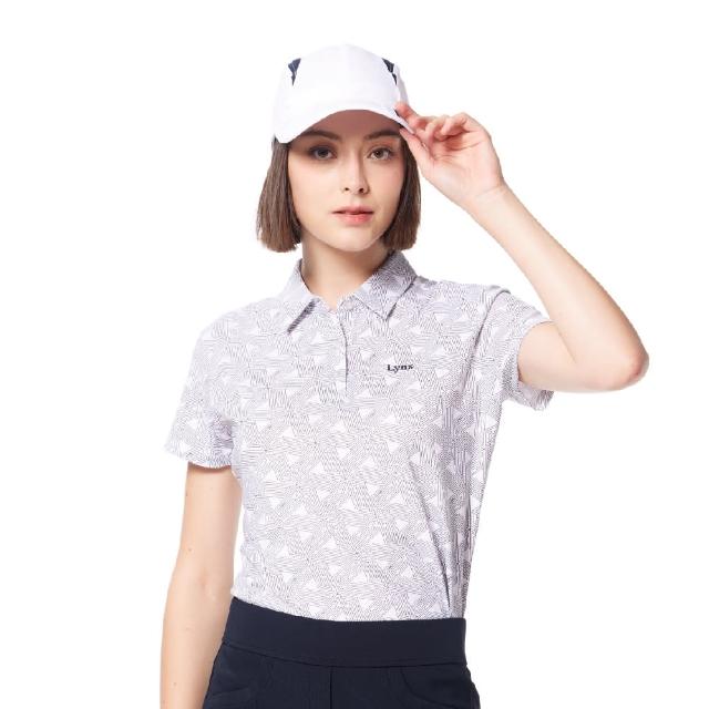 【Lynx Golf】女款吸汗速乾三角線條幾何印花Lynx字樣繡花造型短袖POLO衫/高爾夫球衫(白/黑色)