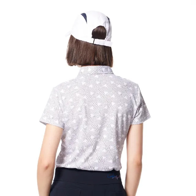 【Lynx Golf】女款吸汗速乾三角線條幾何印花Lynx字樣繡花造型短袖POLO衫/高爾夫球衫(白/黑色)