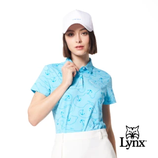 【Lynx Golf】女款吸溼排汗機能滿版海洋風船錨造型Lynx繡花短袖POLO衫/高爾夫球衫(淺藍色)