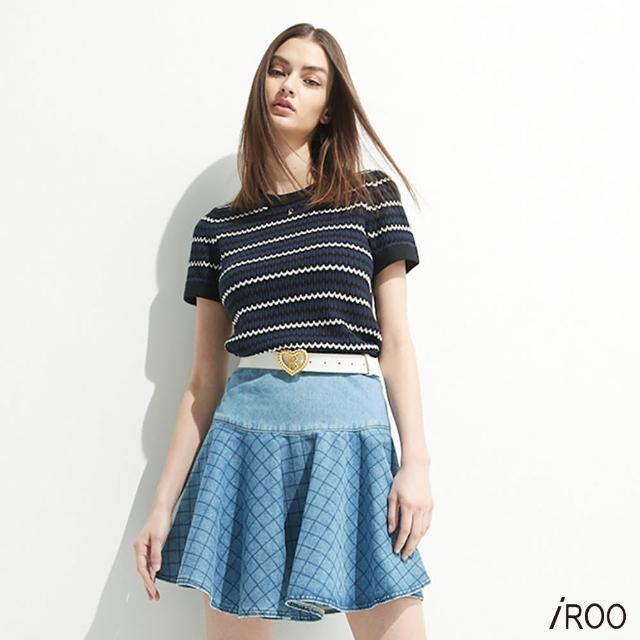【iROO】菱格線牛仔圓裙